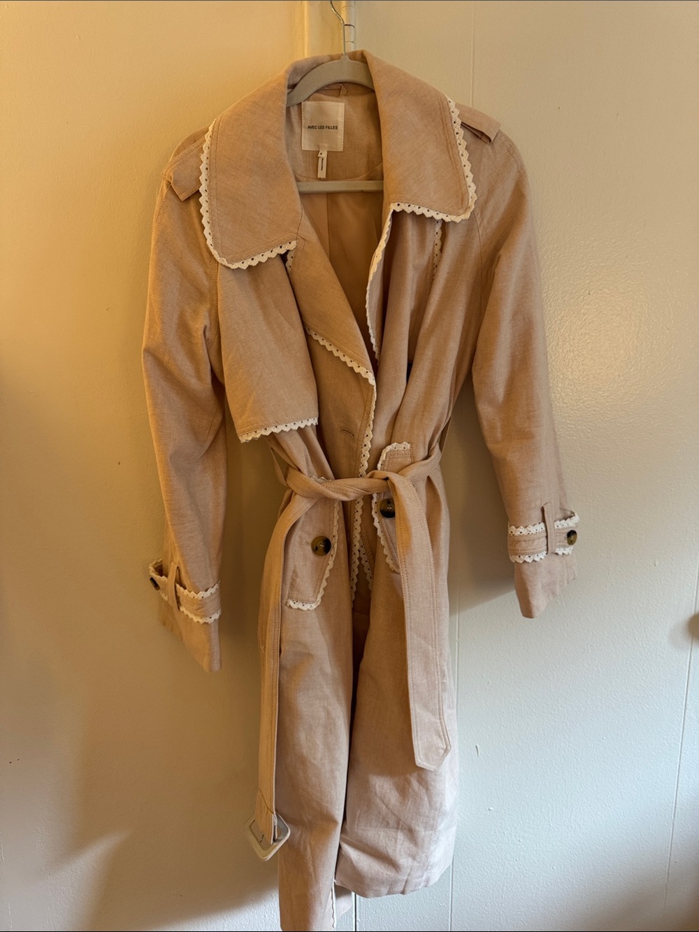 Anthropologie Blush Trench Coat with Lace Trim